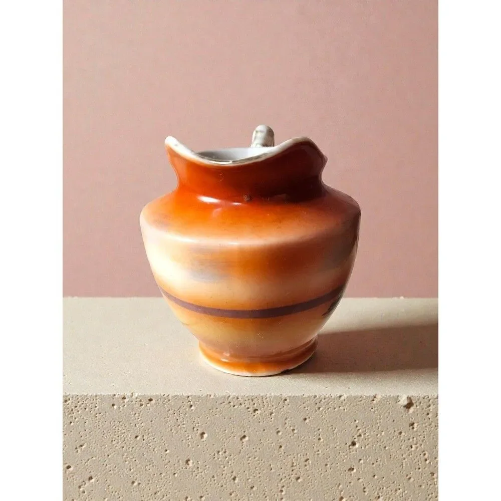 Vintage Japanese Lusterware Creamer Pitcher Art Deco Orange Windmill Scenic 1930